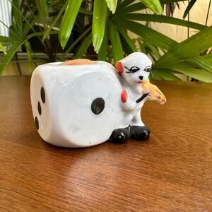Vintage Dog with Violin Dice Pin Cushion Ceramic Made in Japan
